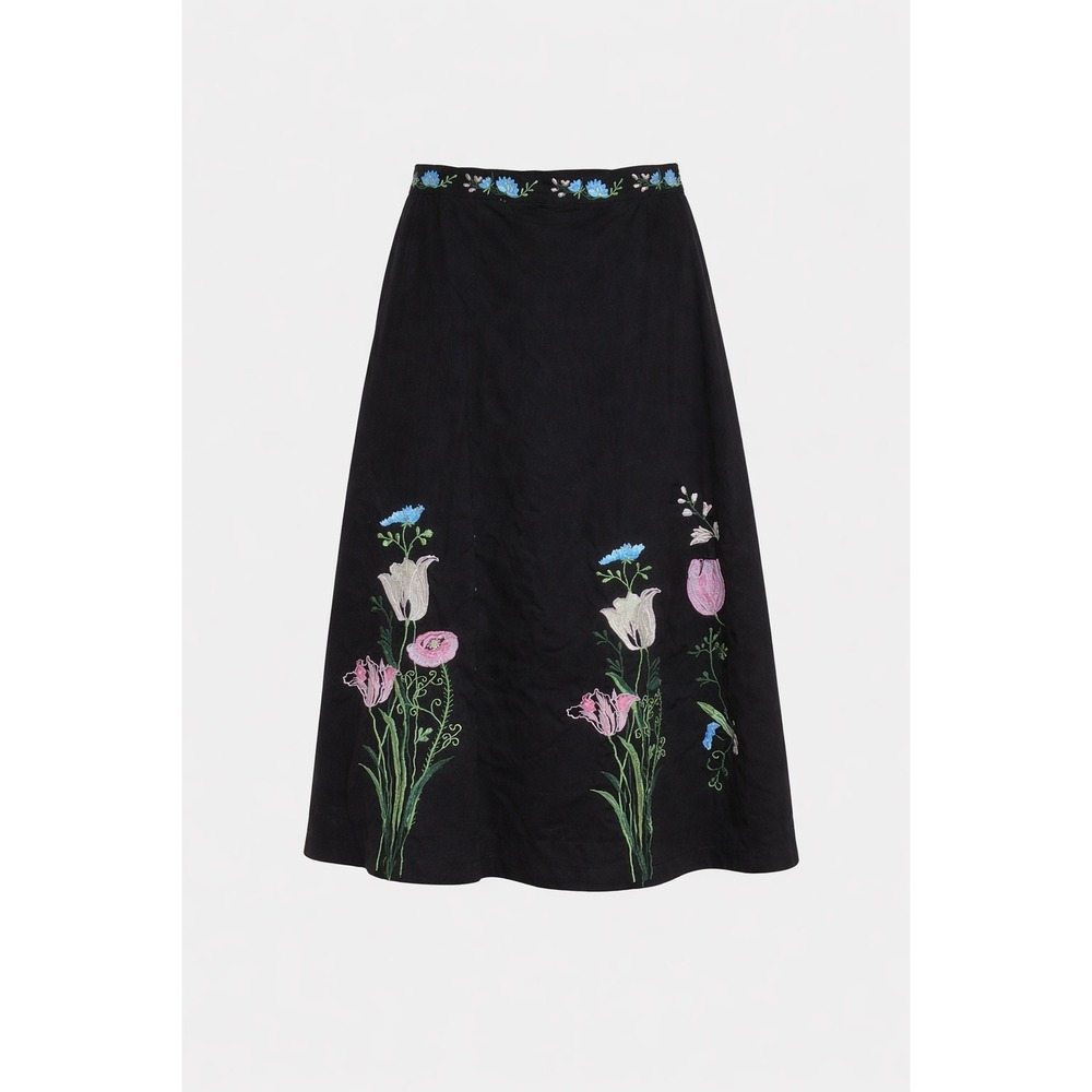 VTG Forever 21 Skirt Size M Black Embroidered Floral Below Knee Cottagecore Boho